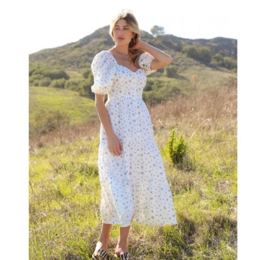 NWT RAHI Nicola Midi Puffy Sleeve Floral Dress